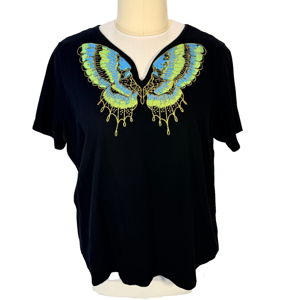 Roaman's Tee Shirt Women's 3X Black Metallic Gold Blue Green Butterfly Notch Nec